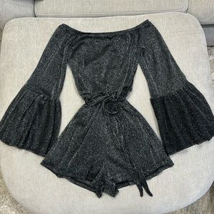 Black & Silver Glittery Off-the-Shoulder Romper